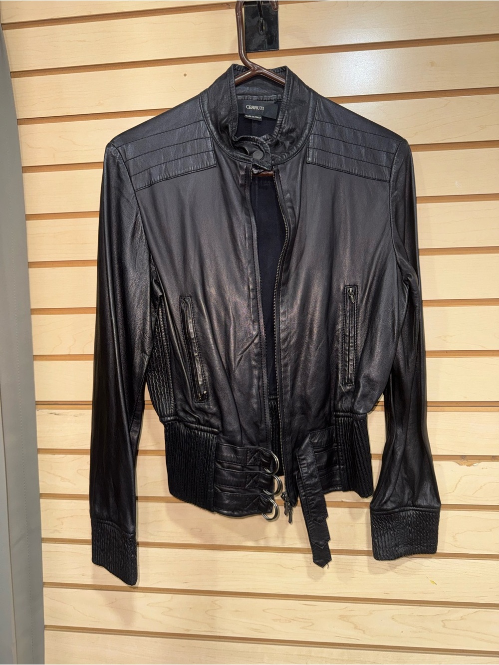 Women's Black Leather Belted Bomber Jacket